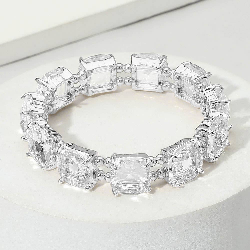 Cushion Square Stone Stretch Evening Bracelet: Clear Silver