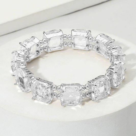 Cushion Square Stone Stretch Evening Bracelet: Clear Silver