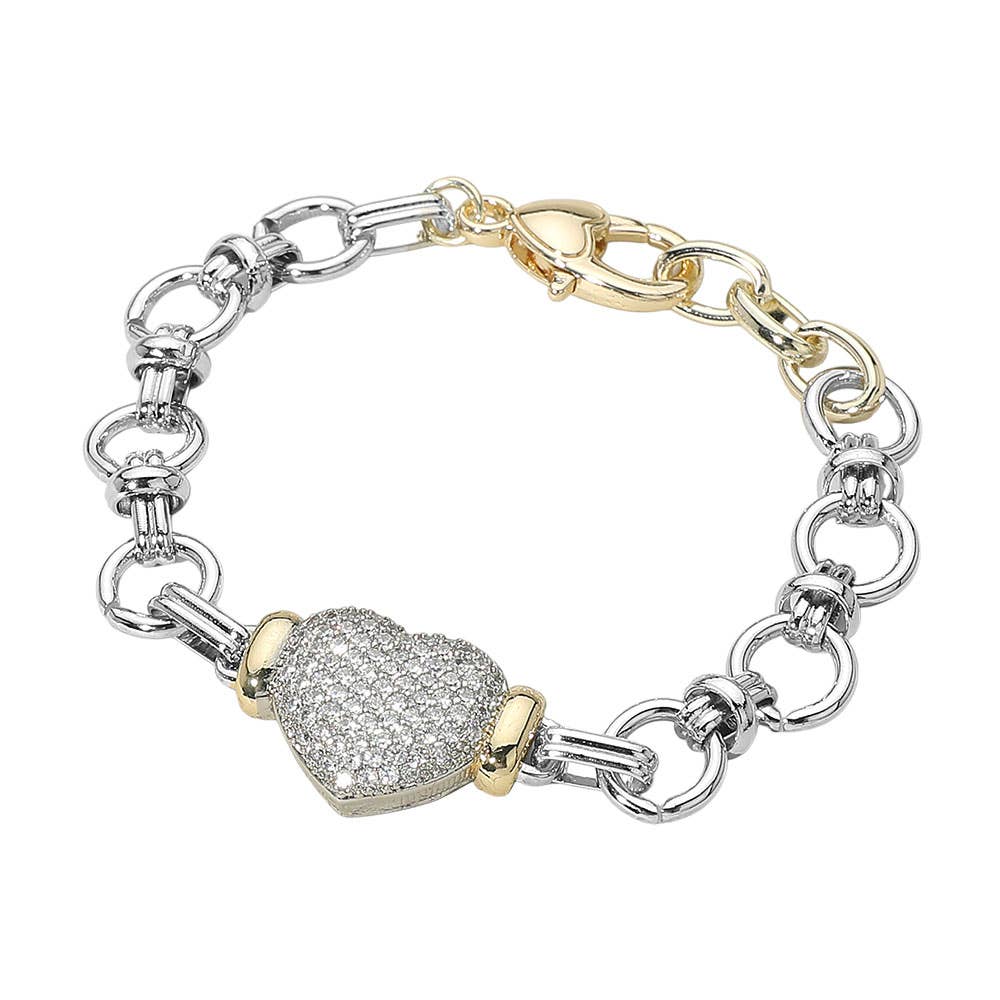 14K Gold Plated Two Tone CZ Stone Paved Heart Charm Chunky Chain Link Bracelet