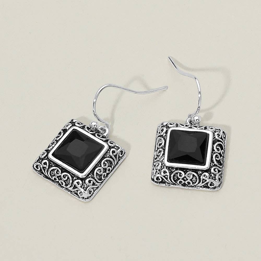 Antique Metal Scrollwork Frame Square Tile Drop Dangle Earrings: Antique Silver Black
