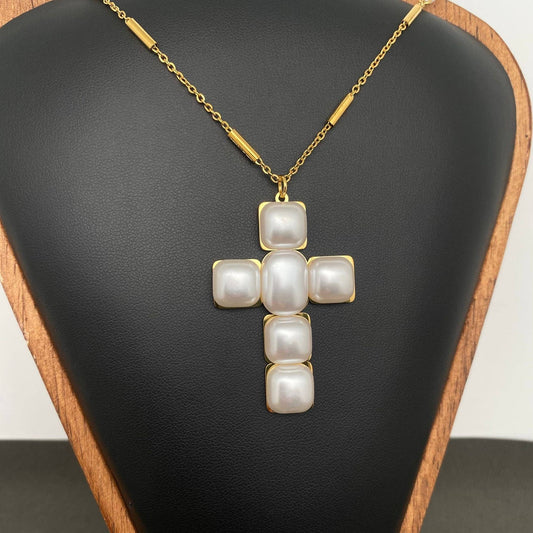 Pearl Cross Charm 18K Gold Plated S.Steel Necklace - FGS
