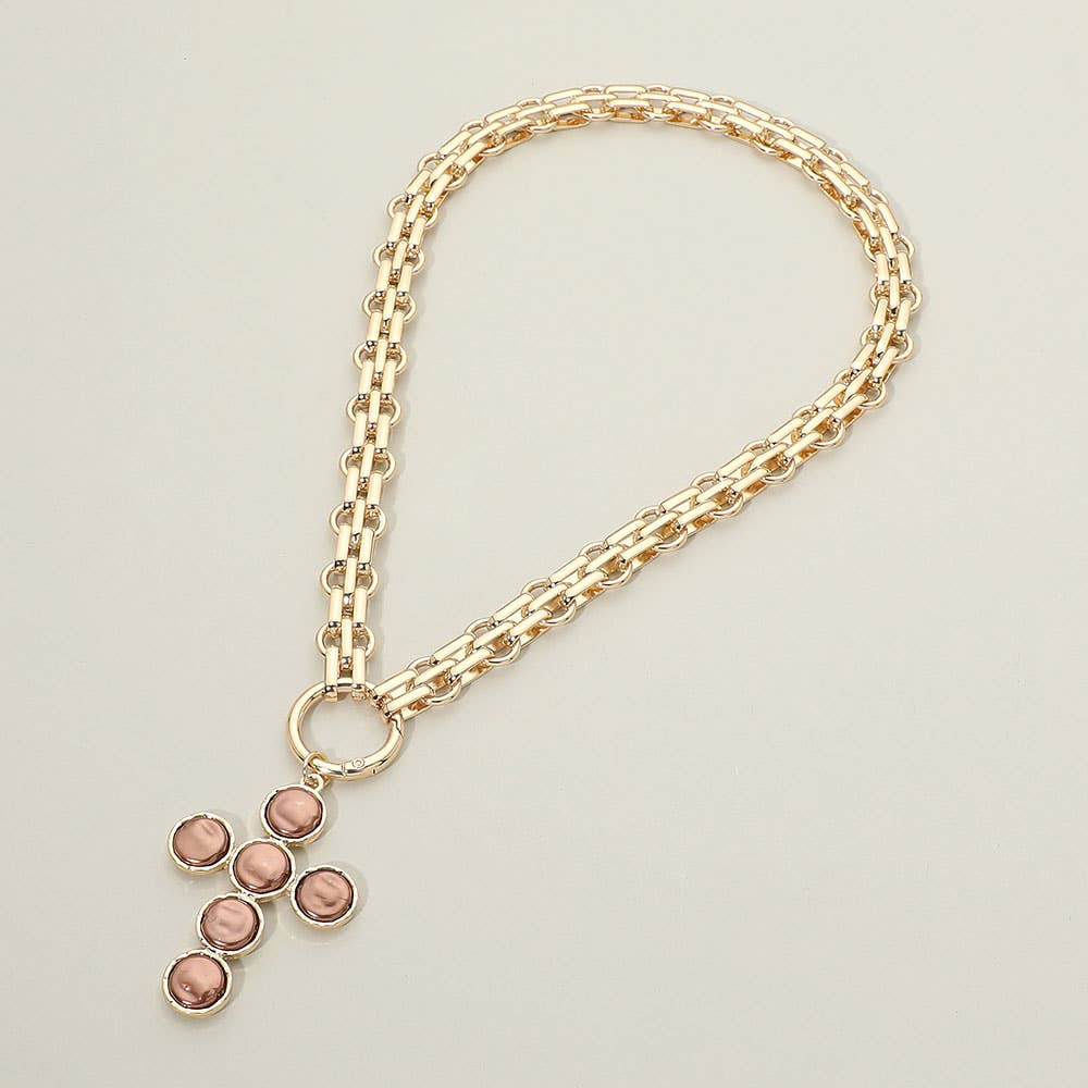 Pearl Cross Charm Pendant Chunky Chain Statement Necklace: Gold, Brown, Pearl
