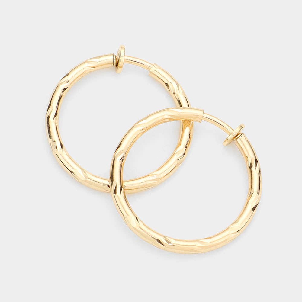 Hypoallergenic Textured Metal Clip On Hoop Earrings: Silver or Gold