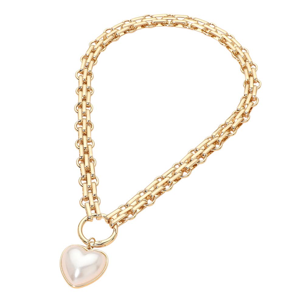 Pearl Heart Pendant Chunky Chain Necklace