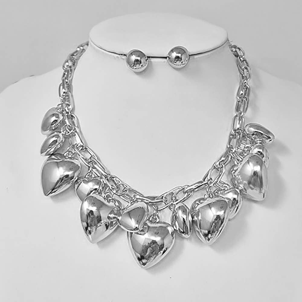 Chunky Puffy Brushed Metal Heart Charm Embellished Necklace: Rhodium