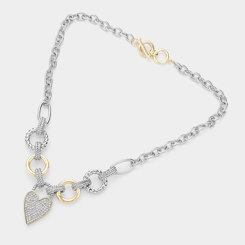14K Gold Plated Two Tone CZ Stone Paved Heart Necklace