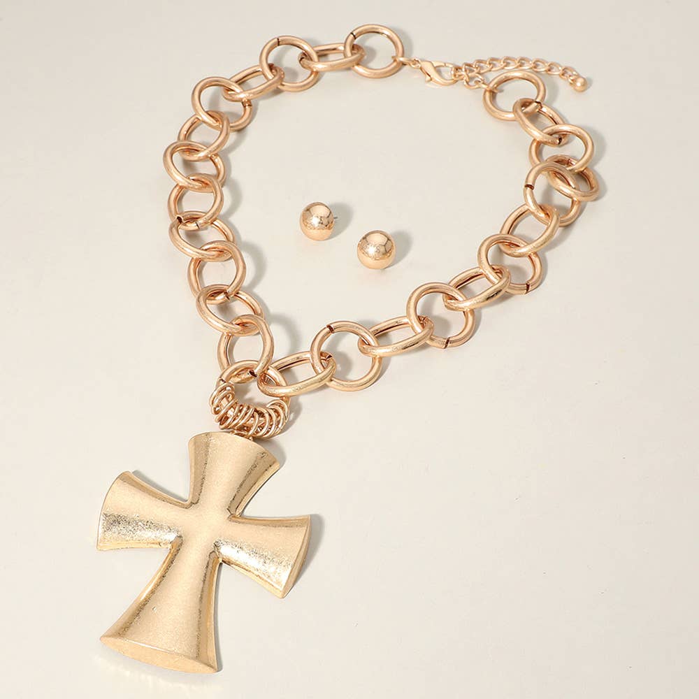 Chunky Matte Metal Cross Pendant Pointed Chain Necklace: Gold