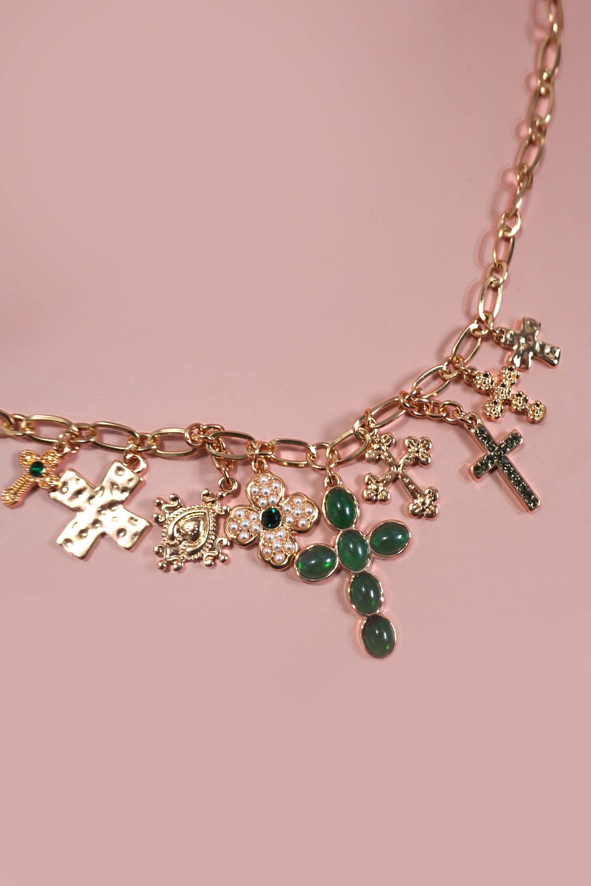 CHARM NECKLACE-MULTI CROSS CHARMS NECKLACE | 80N1290: GOLD