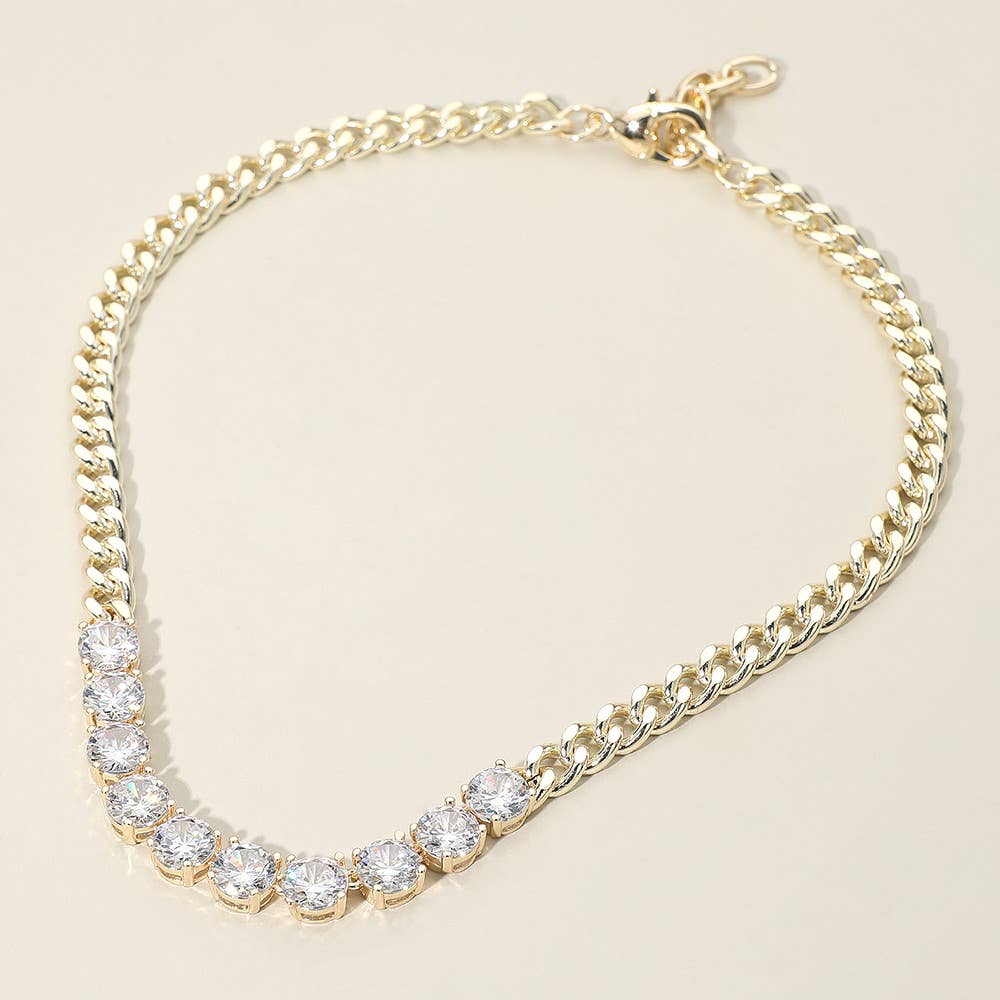 14K Gold Plated Round-Cut Solitaire CZ Stone Link Necklace: Clear Gold