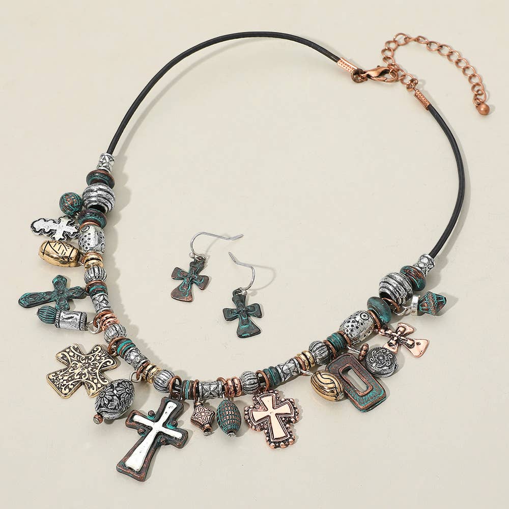 Antique Metal Cross Charm Beaded Necklace
: Mtb