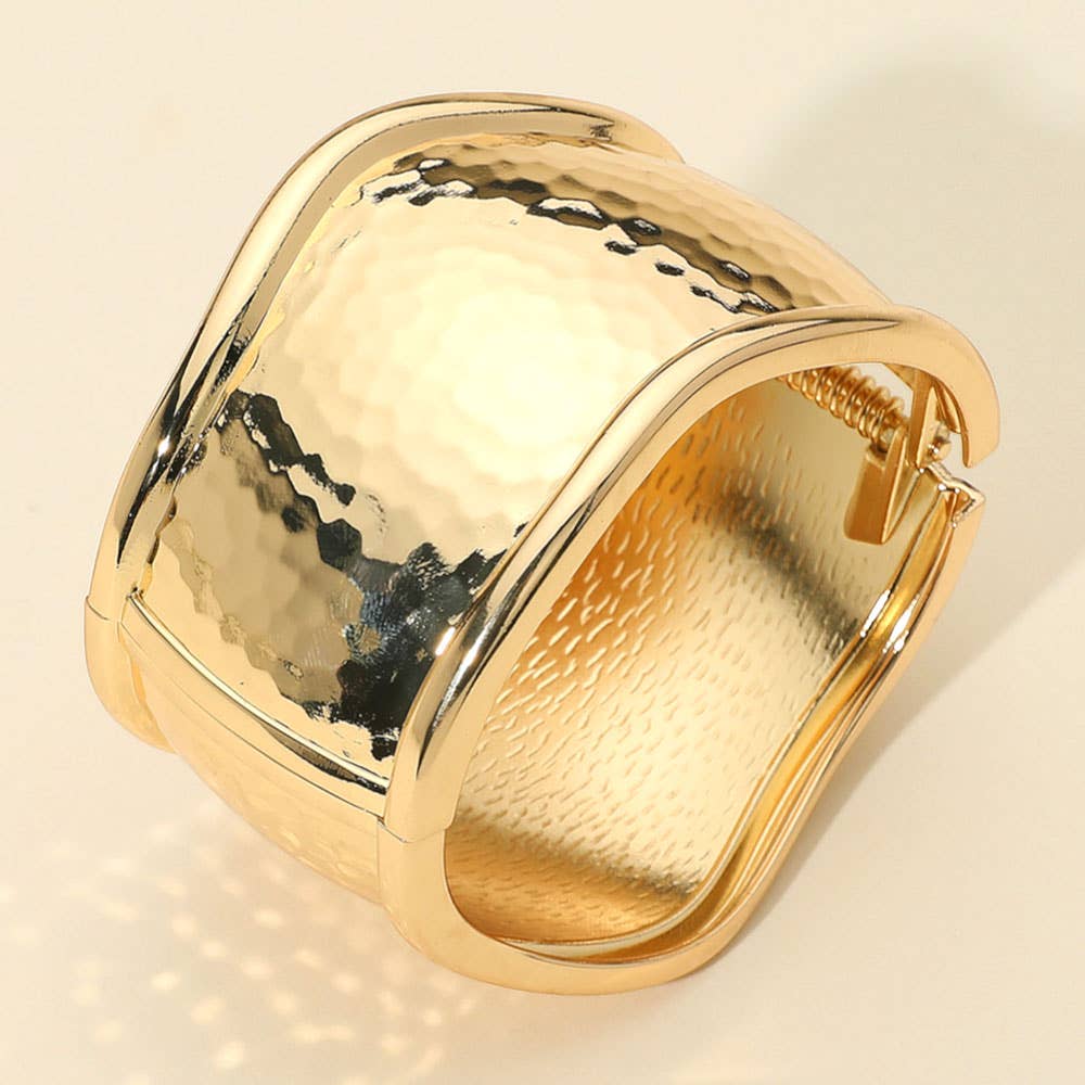 Wide Textured Metal Hinged Bangle Bracelet: Gold