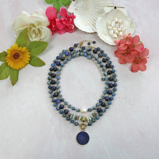 Blue Jasper and Lapis Lazuli Pendant Necklace. Set of Three