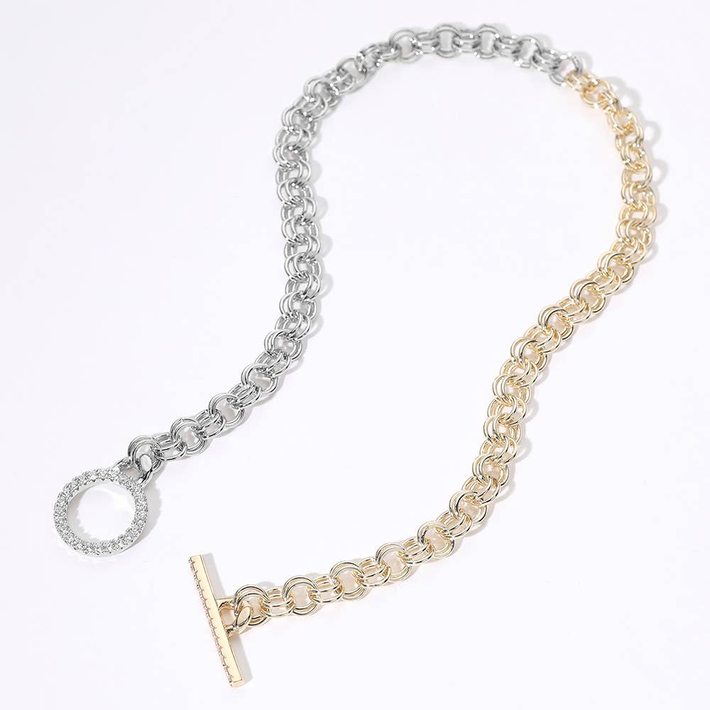 14K Gold Plated CZ Stone Paved Two Tone Chain Necklace