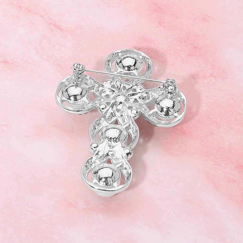 Elegant Stone Embellished Cross Pin Brooch: Clear,Silver