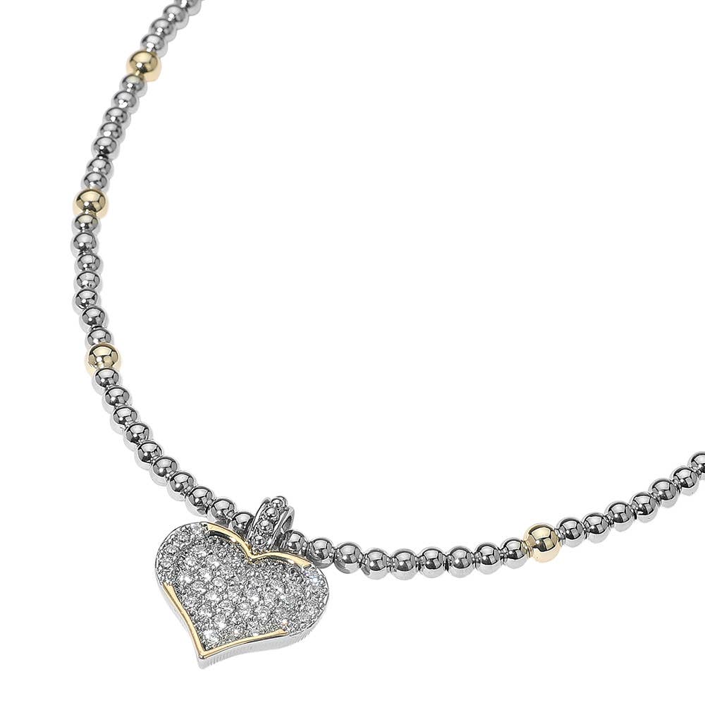 14K Gold Plated Two Tone Ball Beaded CZ Stone Paved Heart Pendant Necklace