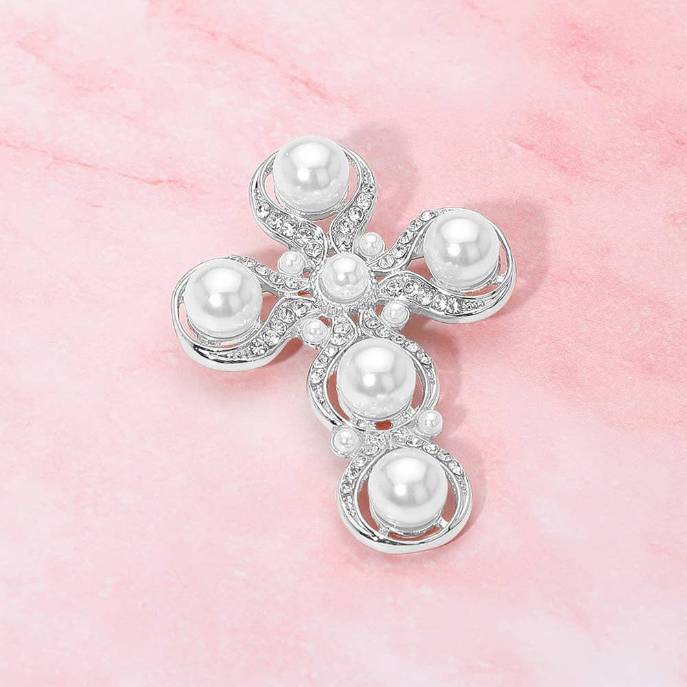 Rhinestone Paved Pearl Antique Cross Pin Brooch: Antique Silver,White