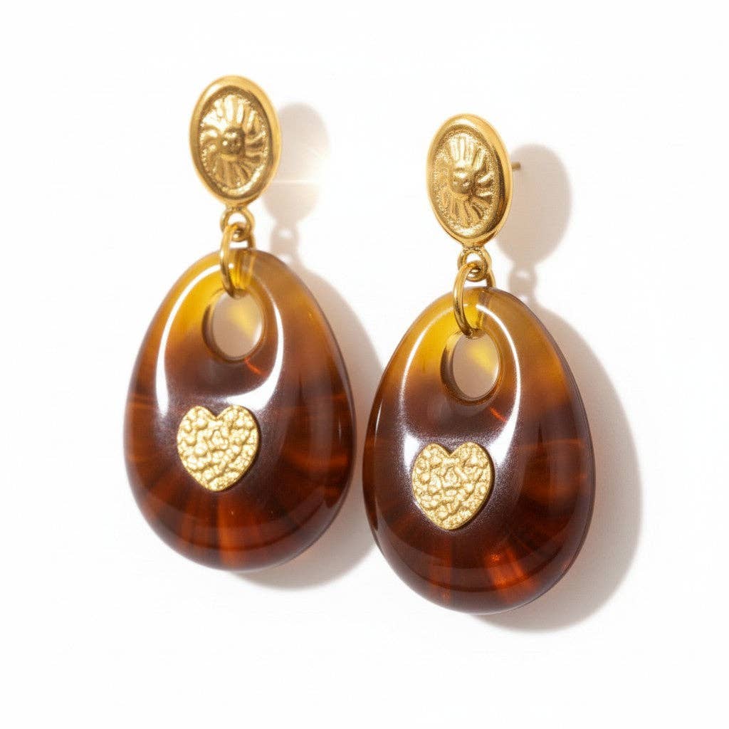 18K Stainless Steel Amber Heart Resin Earrings LSSGE263
