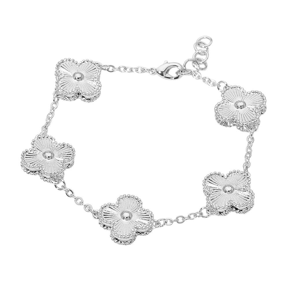 14K Gold Plated Textured Quatrefoil Charm Link Bracelet: Silver