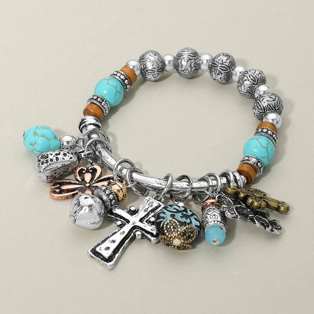 Boho Cross Decorative Beads Charm Beaded Stretch Bracelet: Three Tone