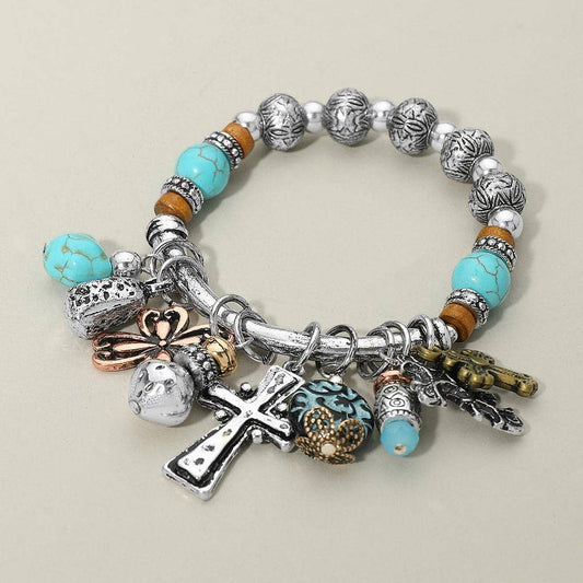 Boho Cross Decorative Beads Charm Beaded Stretch Bracelet: Three Tone