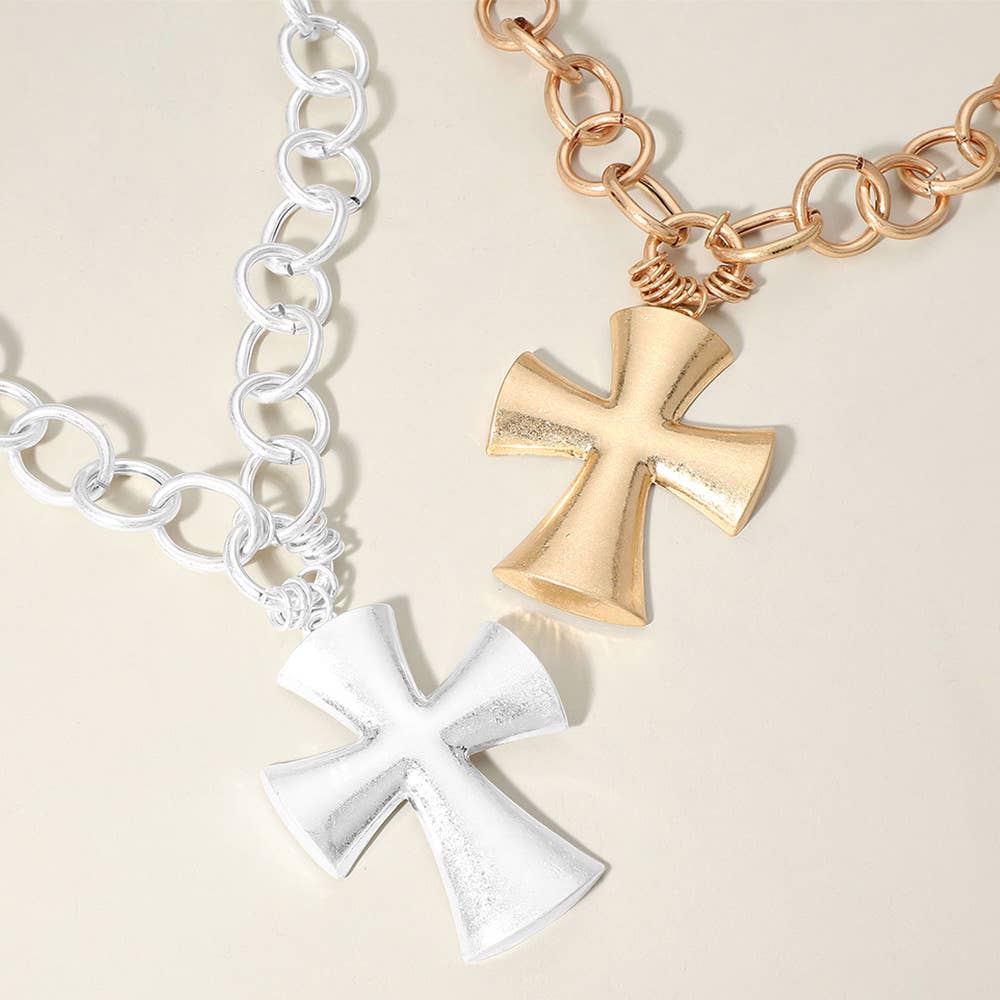 Chunky Matte Metal Cross Pendant Pointed Chain Necklace: Gold
