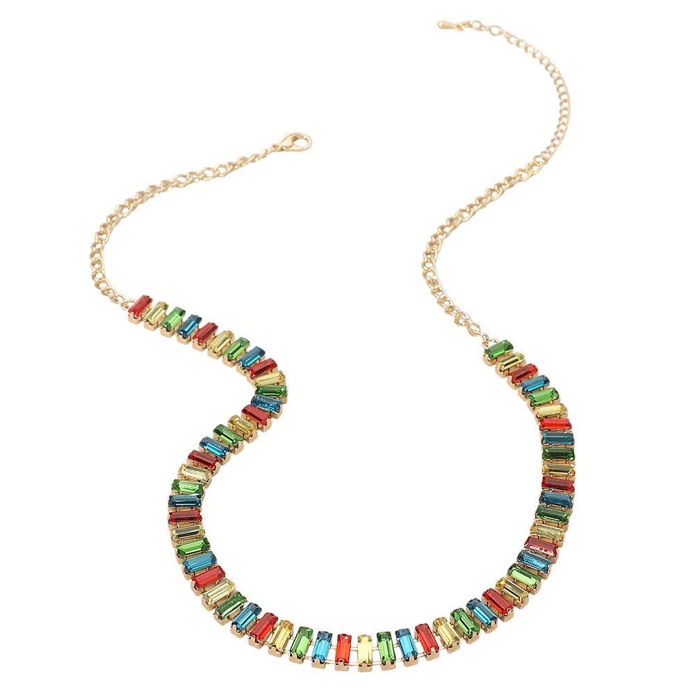 Baguette Stone Cluster Link Accent Necklace: Gold,Multi Or Blue