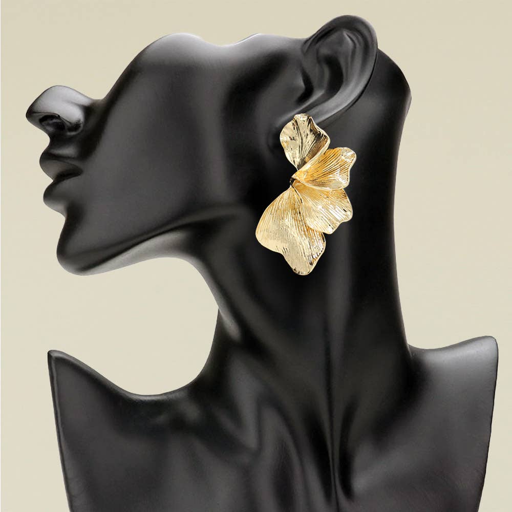 Textured Metal Leaf Petal Drop Statement Earrings: Rhodium