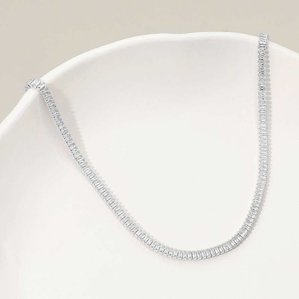 18K Gold Dipped Baguette Tennis Chain Necklace: Clear,Silver