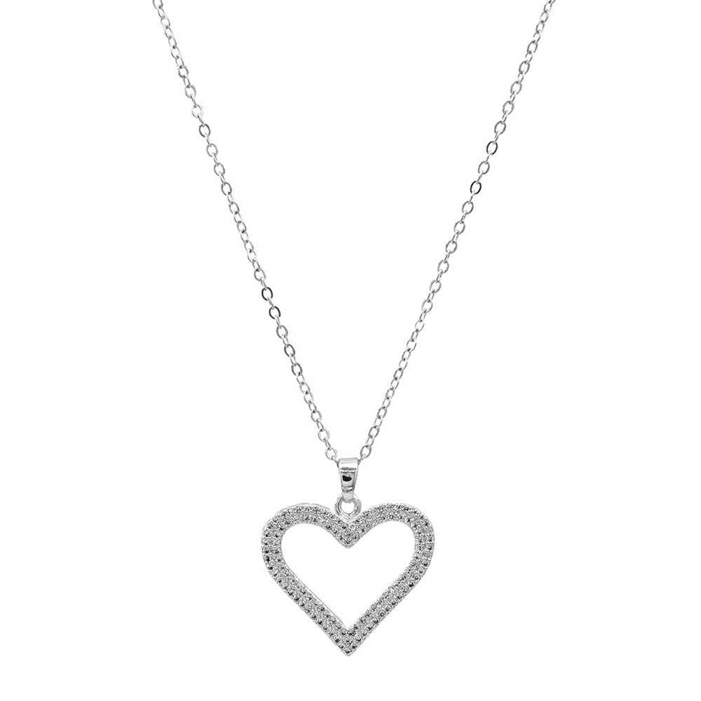 Stainless Steel CZ Stone Paved Open Heart Pendant Necklace: Clear,Silver