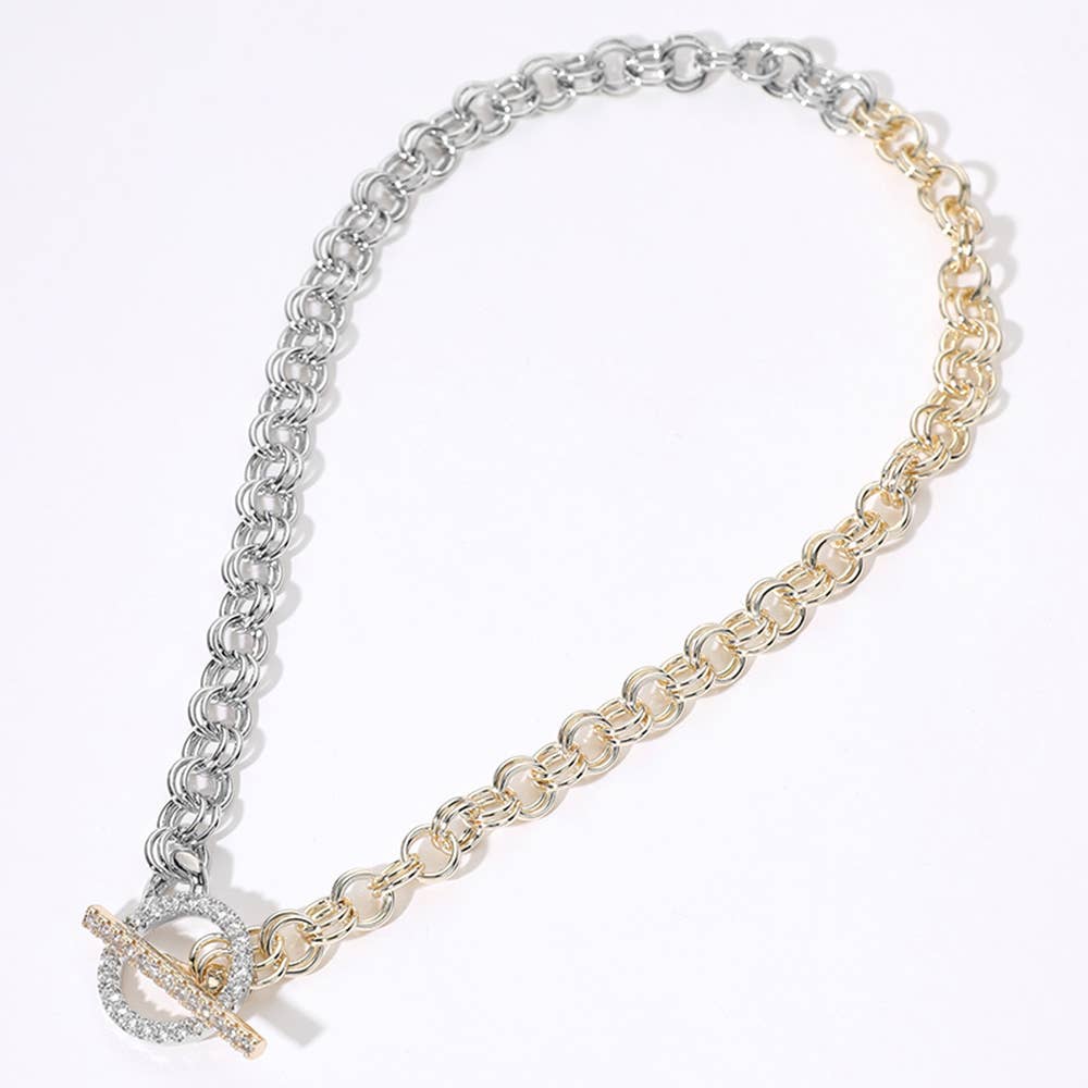 14K Gold Plated CZ Stone Paved Two Tone Chain Necklace