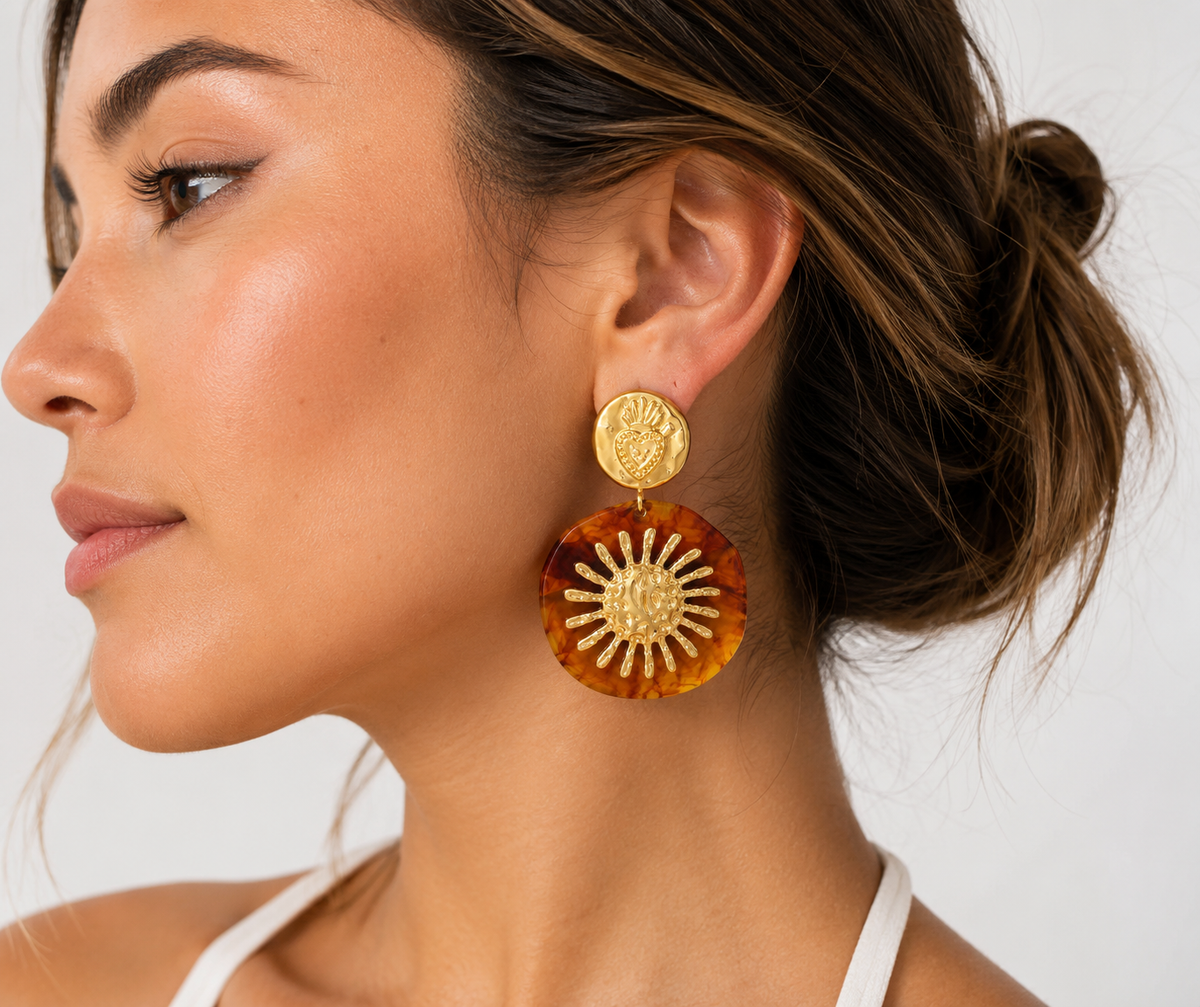 LSSGE436 Celestial Sun Motif Statement Drop Earrings