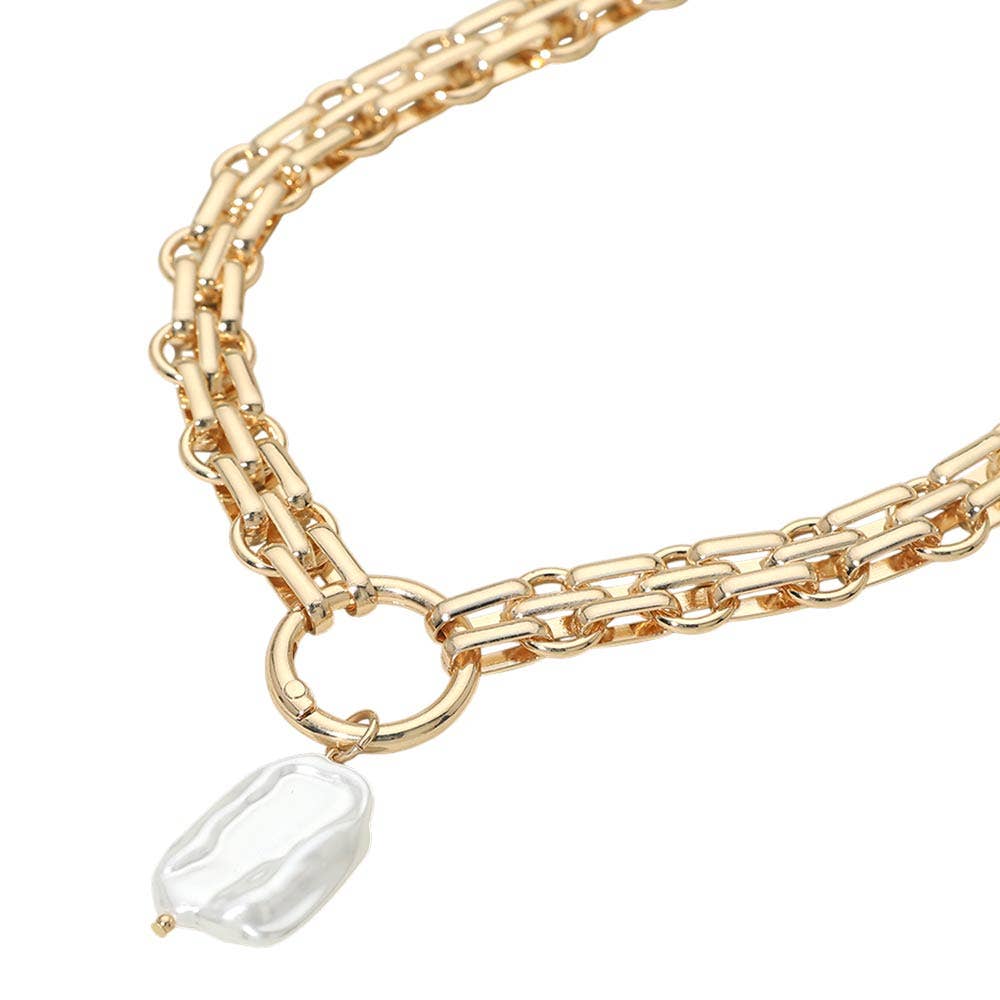 Baroque Pearl Pearl Charm Pendant Chunky Link Chain Necklace: Cream,Gold