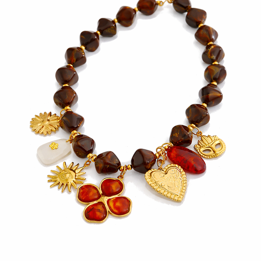 18k Stainless Steel Boho Vintage Chunky Beaded Necklace (LSSG-NR1)
