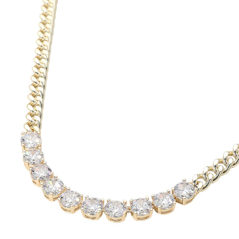 14K Gold Plated Round-Cut Solitaire CZ Stone Link Necklace: Clear Gold