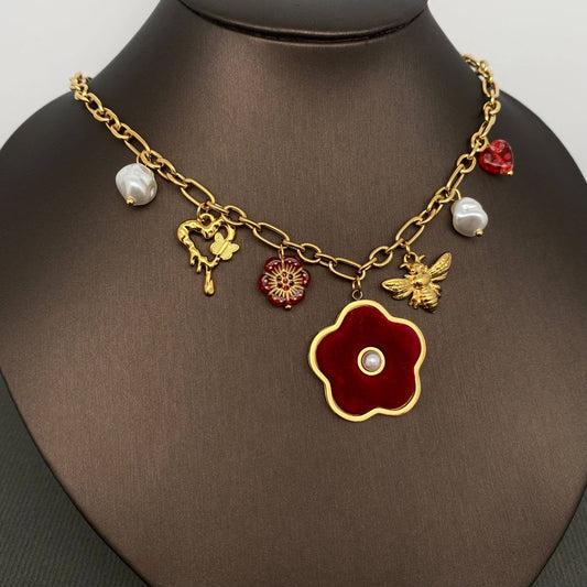 Red Flower Bee 18K Gold Plated S.Steel Charm Necklace - FGS