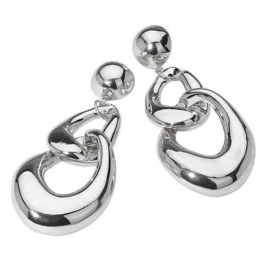 Oversized Puffy Metal Chain Link Drop Earrings: Rhodium