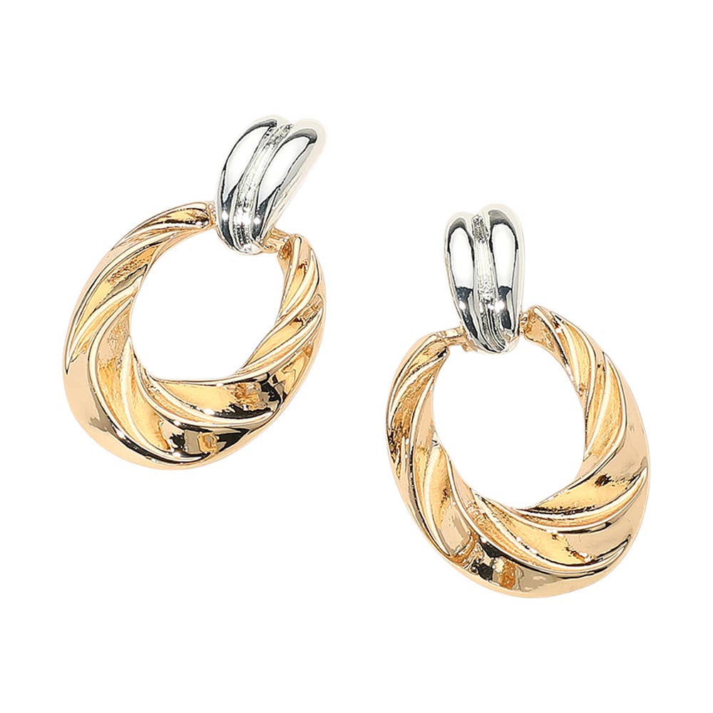 Two Tone Textured Metal Oval Doorknocker Earrings: Gold Silver