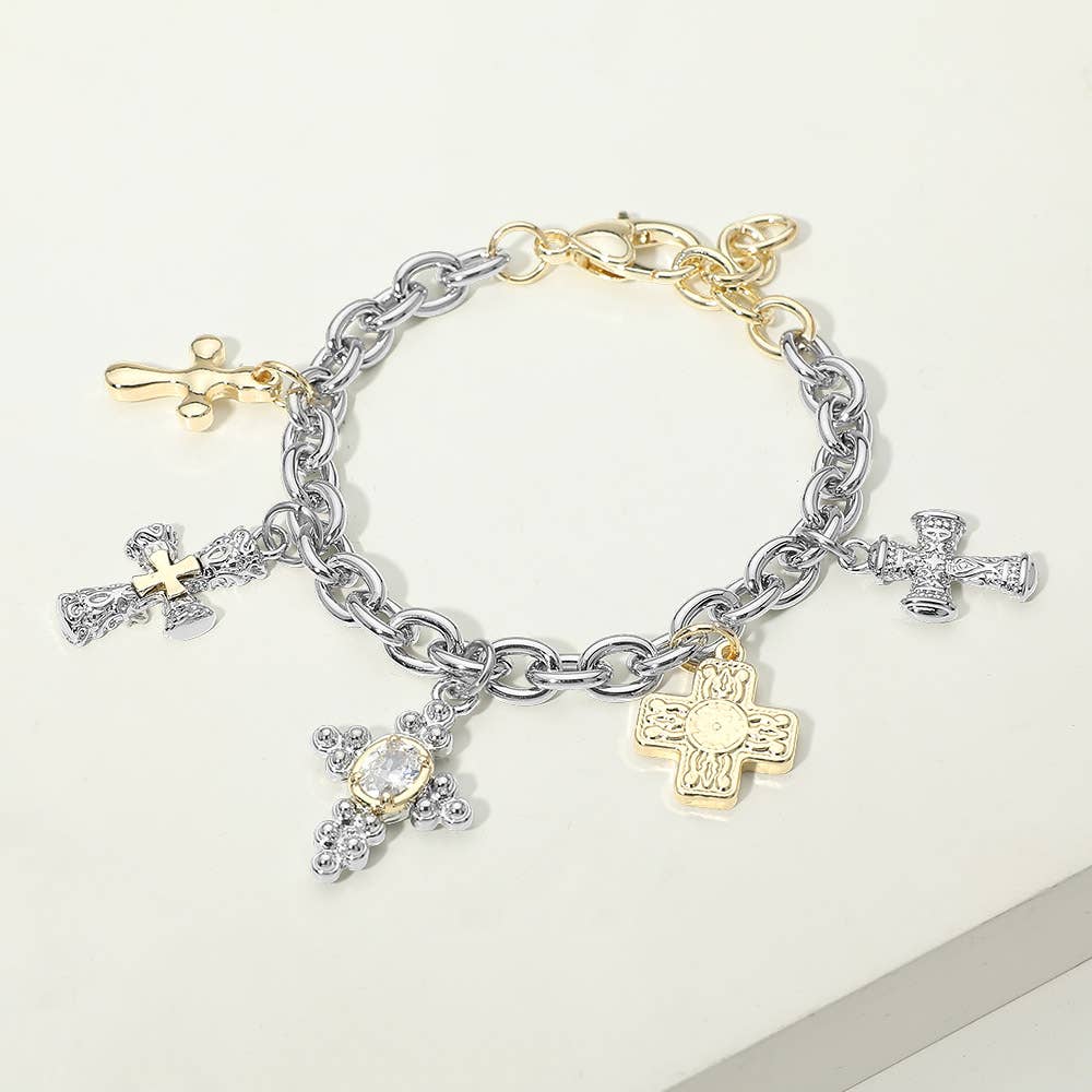 14K Gold Plated Two Tone Oval CZ Accent Cross Charm Station Bracelet