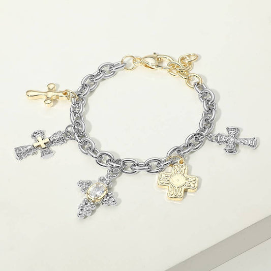 14K Gold Plated Two Tone Oval CZ Accent Cross Charm Station Bracelet