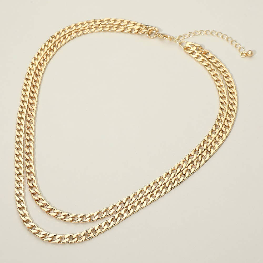 Gold Dipped Double Layer Cuban Chain Necklace: Rhodium & Gold