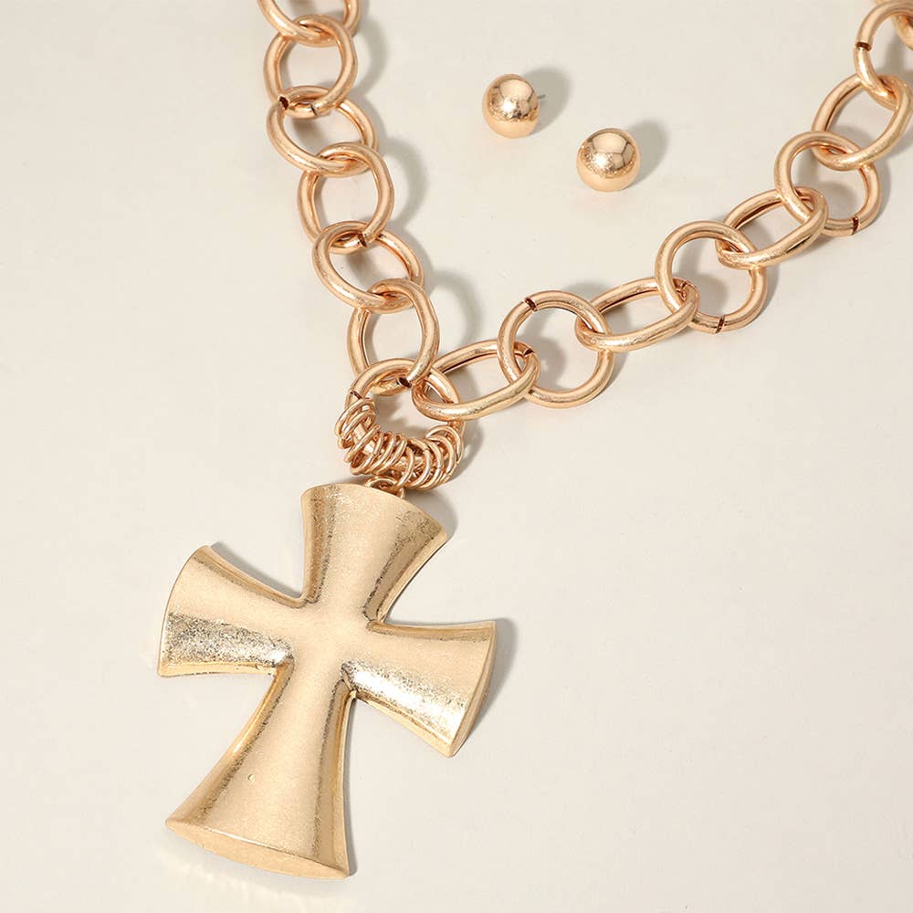 Chunky Matte Metal Cross Pendant Pointed Chain Necklace: Gold