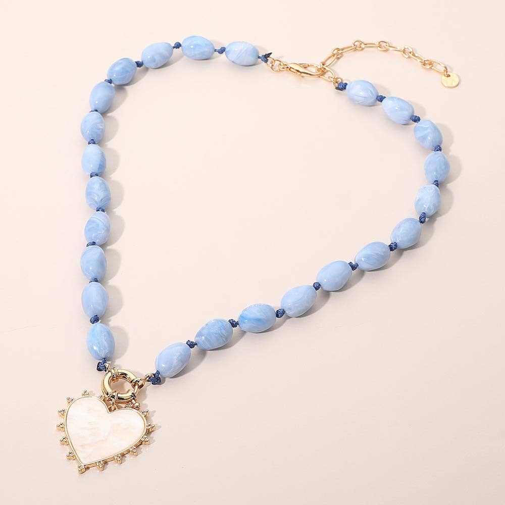 Mother of Pearl Heart Pendant Marbled Resin Oval Beaded Necklace: Brown