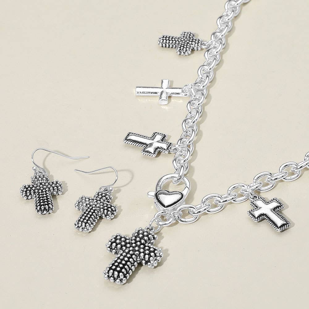 Textured Chunky Metal Cross Pendant Charm Necklace