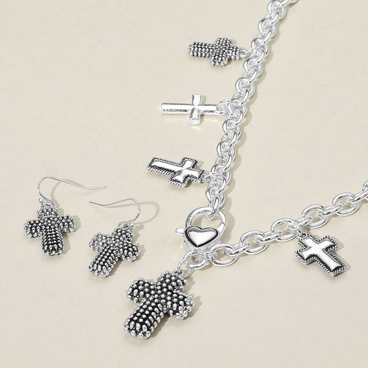 Textured Chunky Metal Cross Pendant Charm Necklace