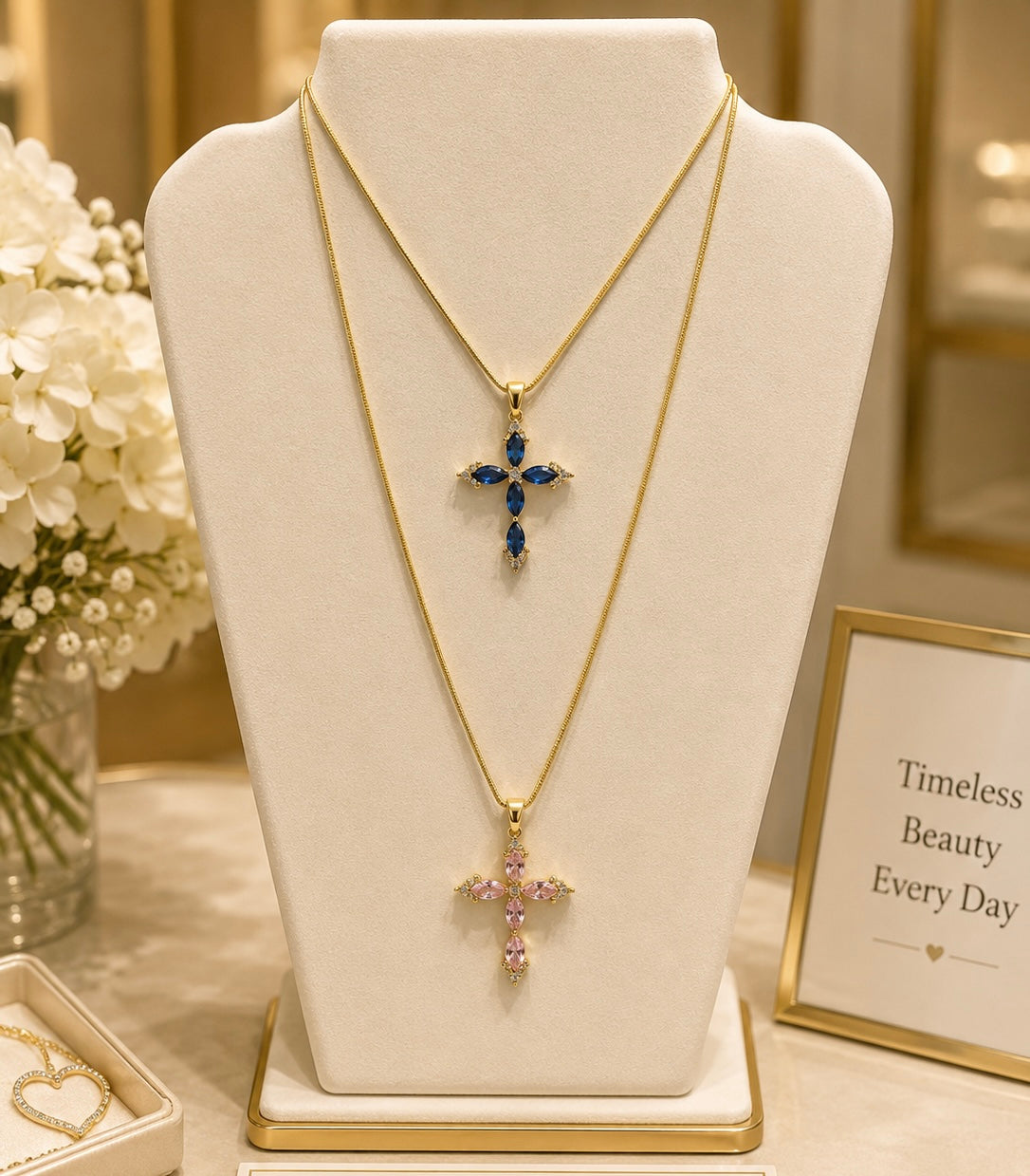 Pink or Blue CZ Cross Pendant Necklace in 14k Gold Pated