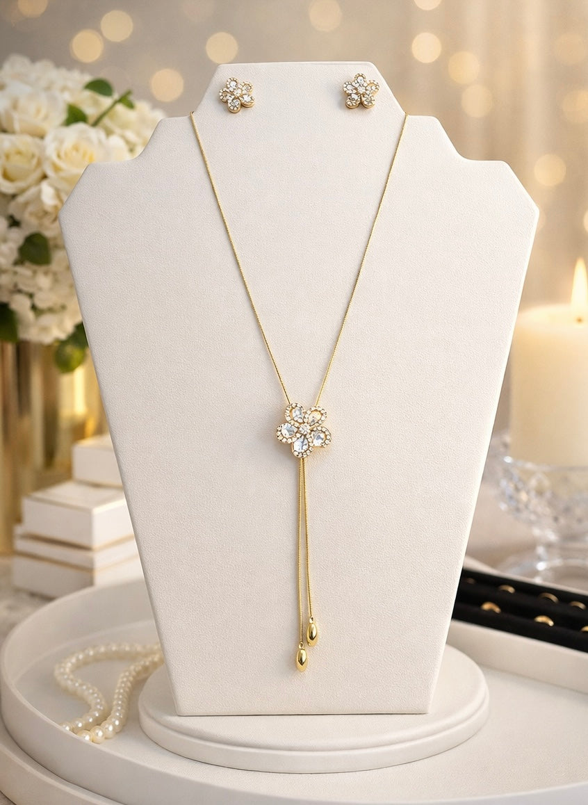 14K Gold Plated XP CZ Windmill Floral Drop Necklace & Stud Earring Set 20” Adjustable