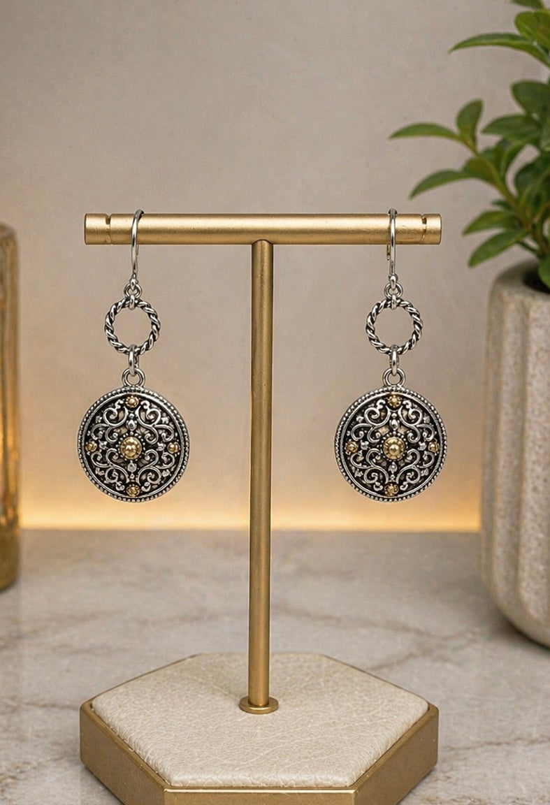 2-Tone Vintage-Inspired Filigree Drop Earrings Nickel Free-CO-05