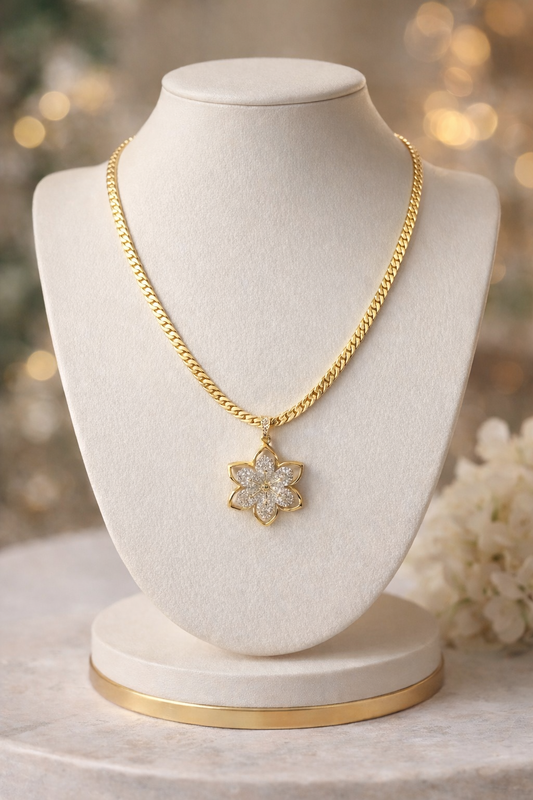 Bloom Pavé Flower Pendant Necklace 14k Gold Plated 18”