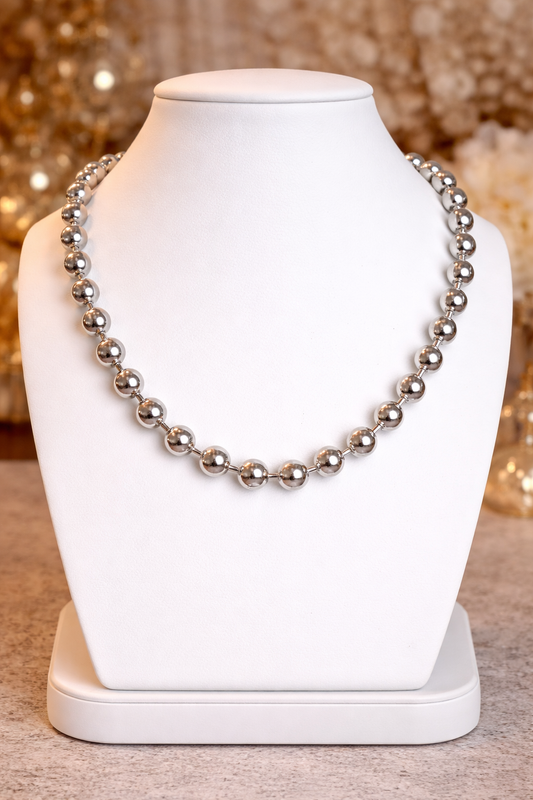 8MM White Gold Played Bead Necklace