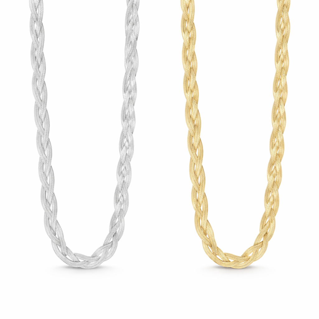 18K Gold PVD Stainless Steel Interwoven Herringbone Chain Necklace: Stainless